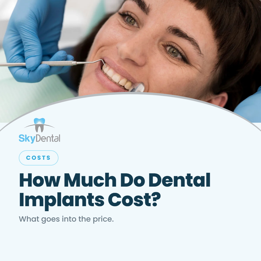 Close-up of a smiling woman having her teeth examined with a dental mirror and probe, SkyDental Costs blog cover: How Much Do Dental Implants Cost? – what goes into the price."