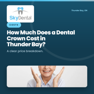 Smiling older woman with hands raised beside her face, SkyDental Costs blog cover: How Much Does a Dental Crown Cost in Thunder Bay? – a clear price breakdown.