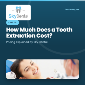 Smiling woman reclined in a dental chair with a dentist holding a mirror nearby, SkyDental Costs blog cover: How Much Does a Tooth Extraction Cost? – pricing explained by Sky Dental.