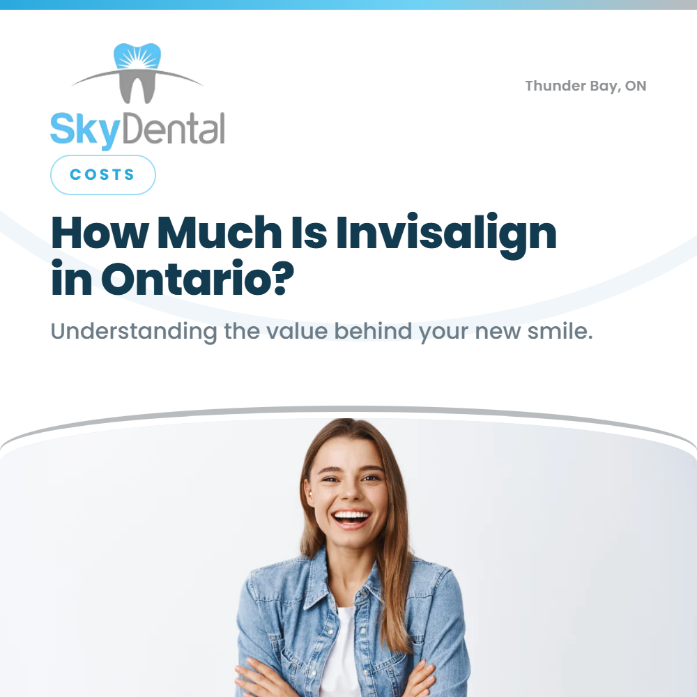 Smiling woman with arms crossed wearing a denim jacket, SkyDental Costs blog cover: How Much Is Invisalign in Ontario? – understanding the value behind your new smile