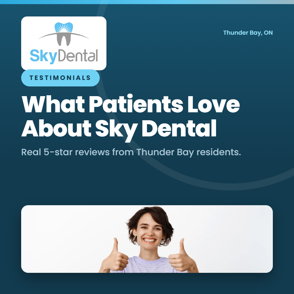 Smiling woman giving two thumbs up, SkyDental Testimonials blog cover: What Patients Love About Sky Dental – real 5-star reviews from Thunder Bay residents