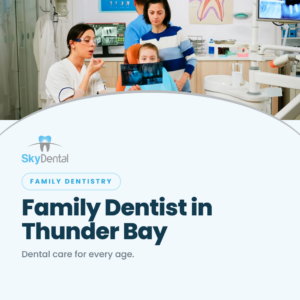 Dental team reviewing X-rays with young girl and her mother in treatment room - family dentist in Thunder Bay, dental care for every age, Sky Dental