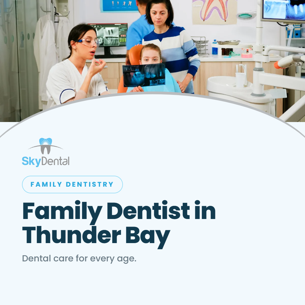 Dental team reviewing X-rays with young girl and her mother in treatment room - family dentist in Thunder Bay, dental care for every age, Sky Dental