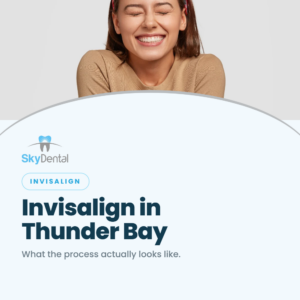 Smiling woman with eyes closed wearing a headband - what the Invisalign process actually looks like at Sky Dental Centre in Thunder Bay