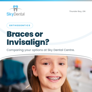 Smiling teen girl with braces in dental chair - comparing braces and Invisalign at Sky Dental Centre in Thunder Bay
