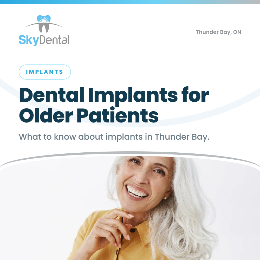 Smiling older woman with gray hair in yellow shirt - what to know about dental implants for older patients in Thunder Bay, Sky Dental