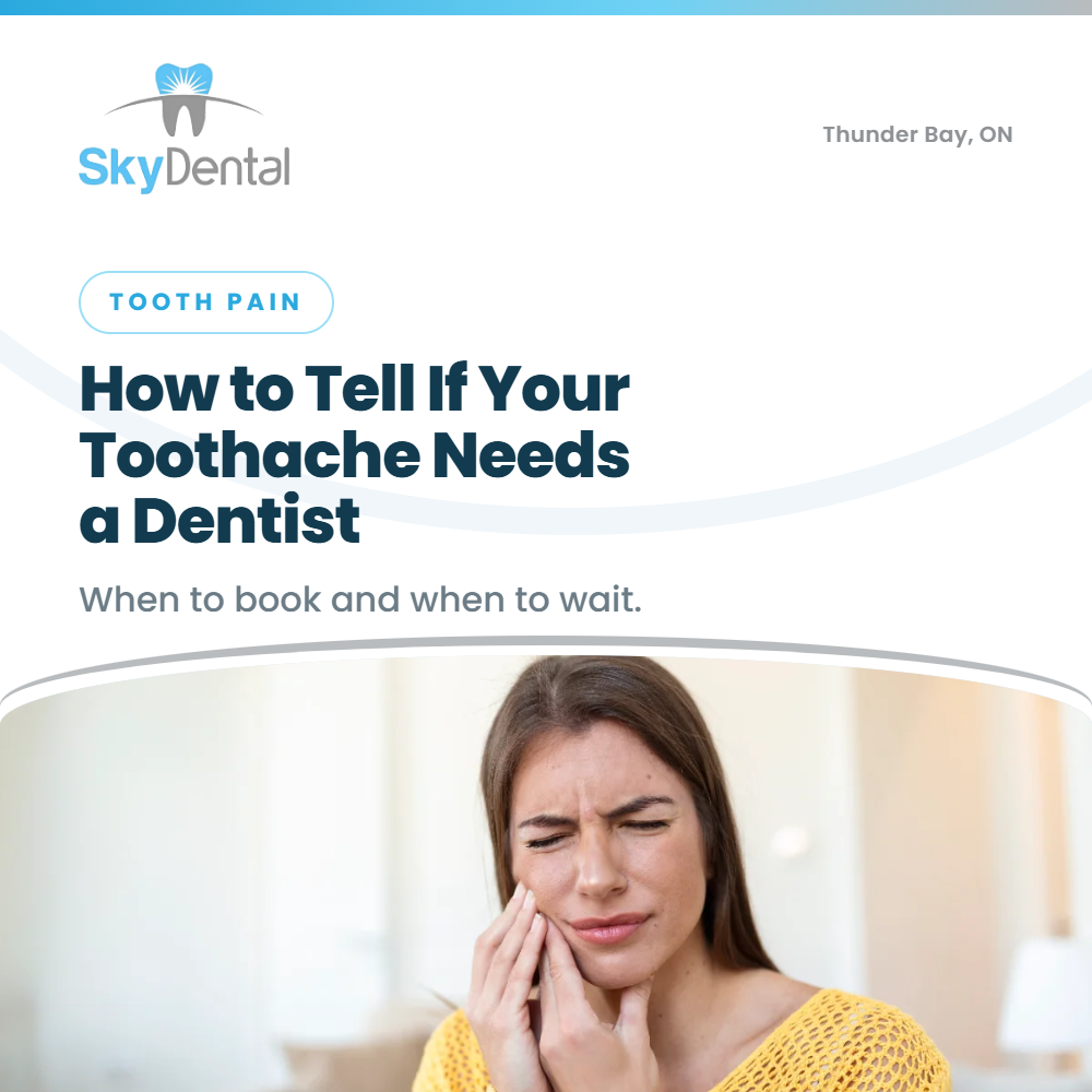 Woman wincing and holding her jaw in pain - how to tell if your toothache needs a dentist, when to book and when to wait, Sky Dental Thunder Bay
