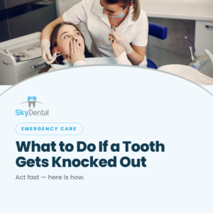 Dental hygienist examining surprised female patient in dental chair - what to do if a tooth gets knocked out, act fast, Sky Dental Thunder Bay